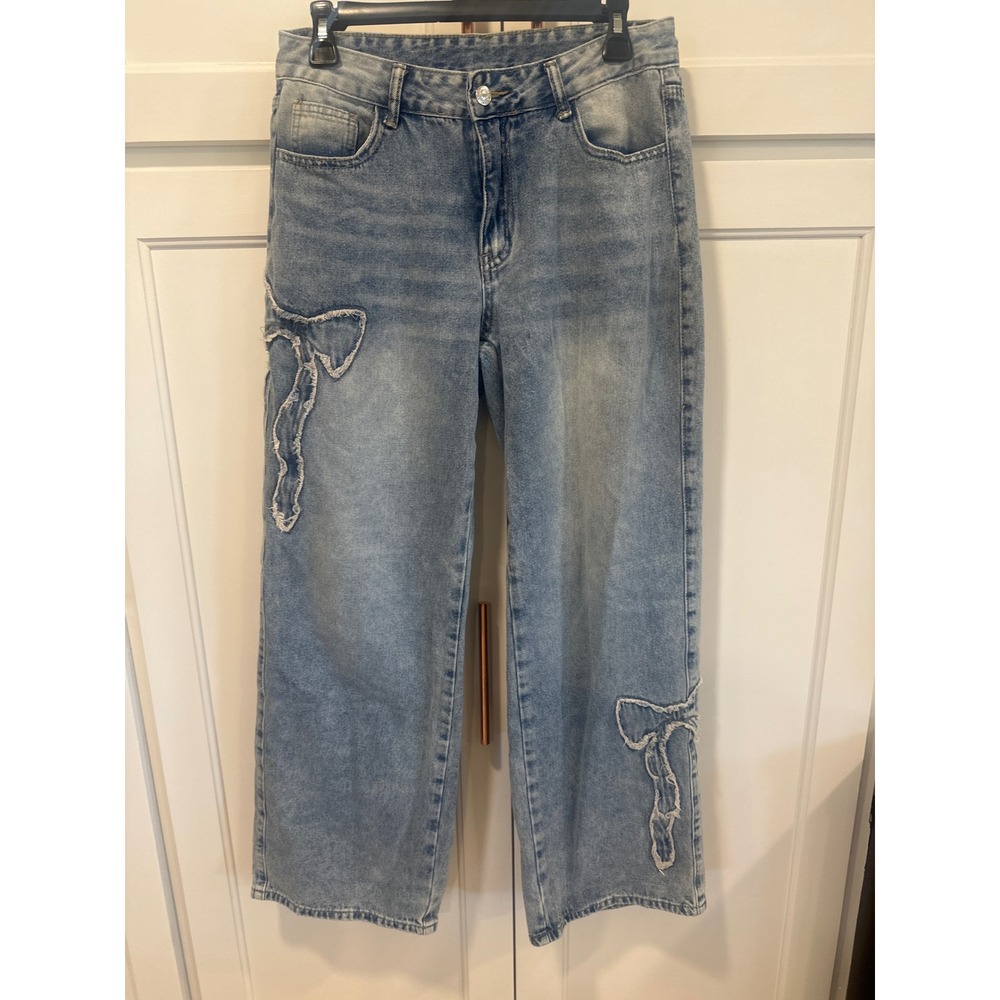SHEIN Women Light Wash Wide Leg Bow Applique Jeans Size 27 Coquette Denim